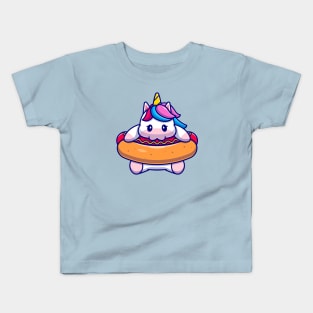 Cute Unicorn Eating Hotdog Cartoon Kids T-Shirt